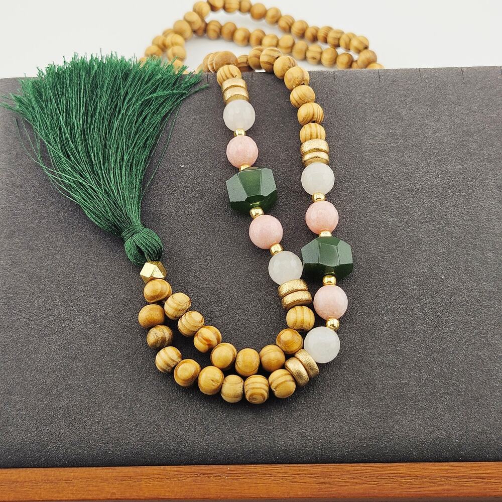 Mala Bead Necklace Meditation Mantras Intentions Yoga Buddhism Earthy Green Tan